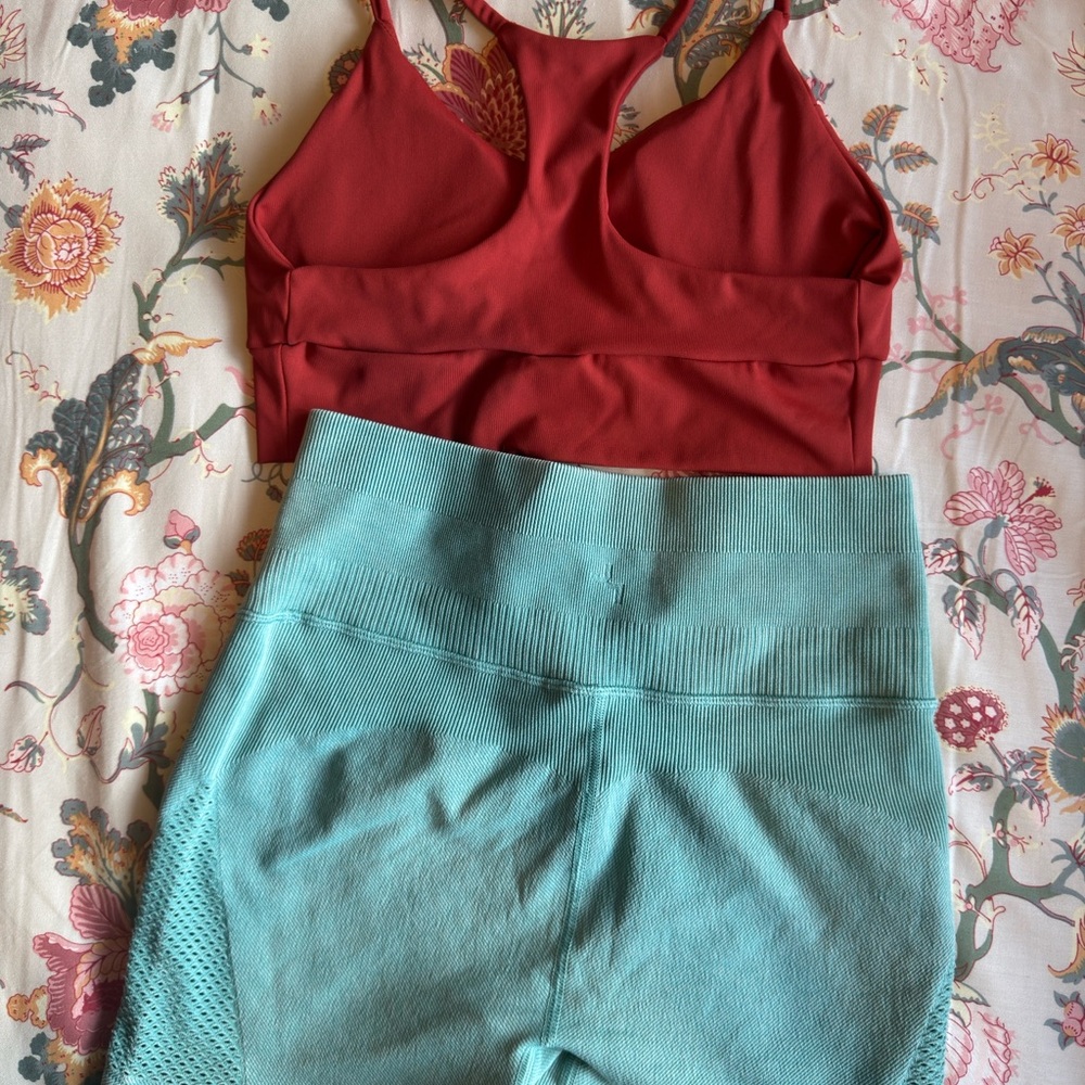 Women's joyLab Athletic Shorts in Teal & Brazilian padded workout top on Rust - Picture 2 of 7